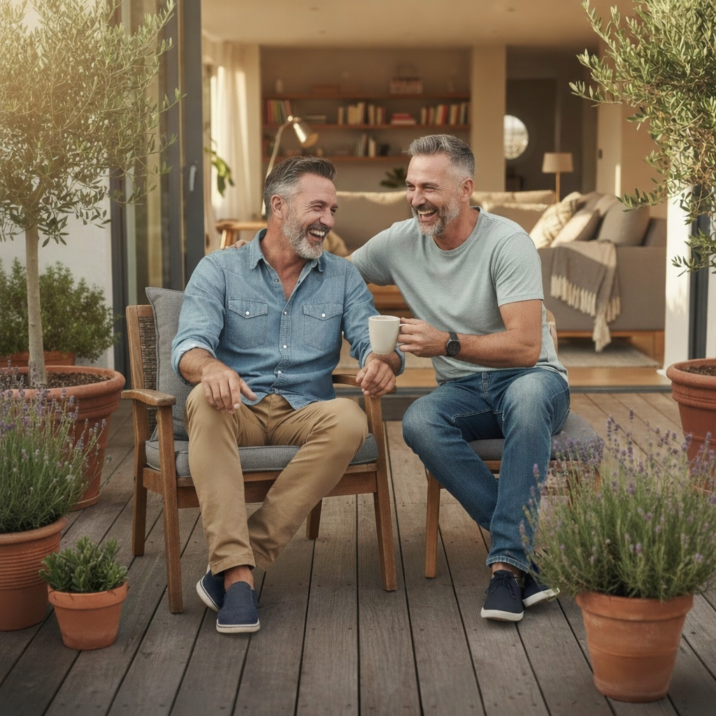 Two brothers laughing together over coffee